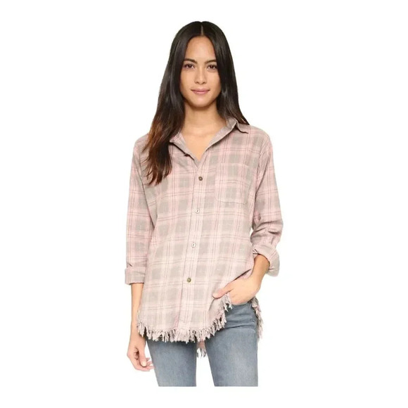 Current/Elliott Pink Gray Plaid Fringe Top - Picture 1 of 12